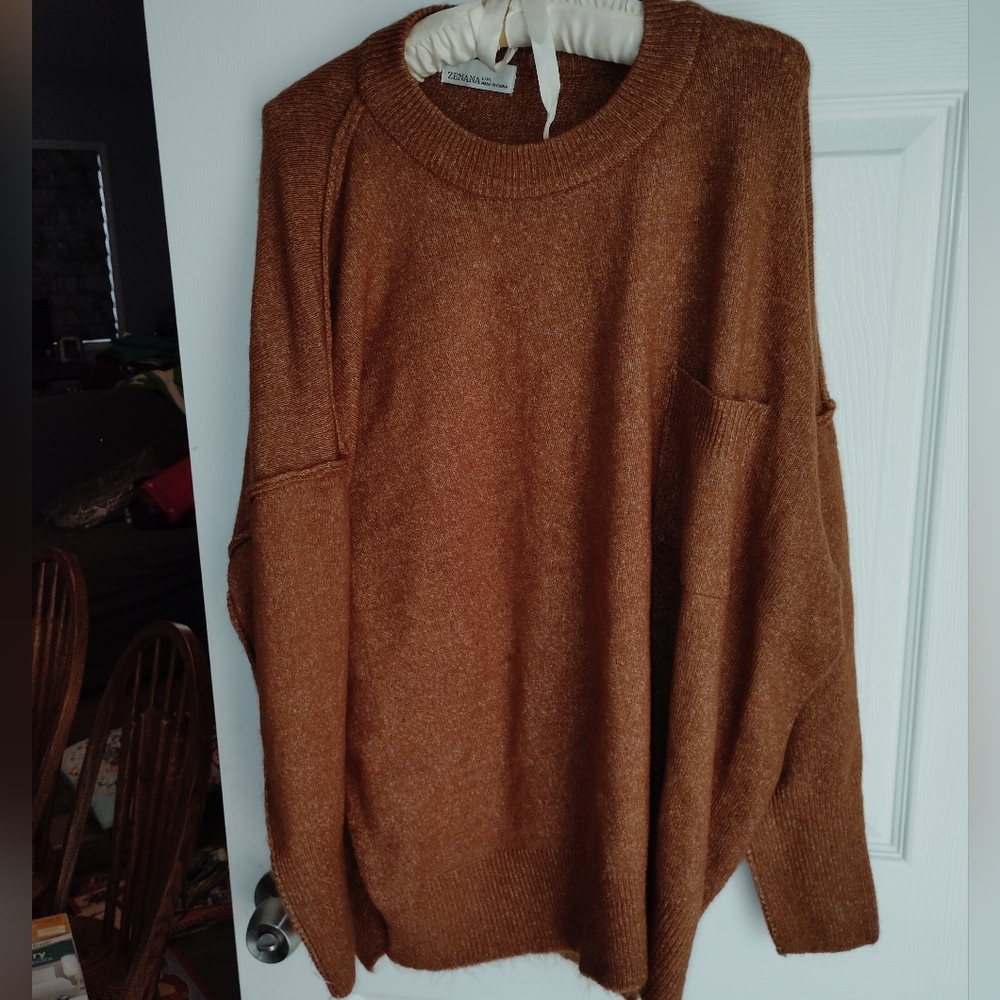 Zenana Warm Pumpkin BUTTER Brown Crew Neck Sweater L/XL EUC Drop Shoulder